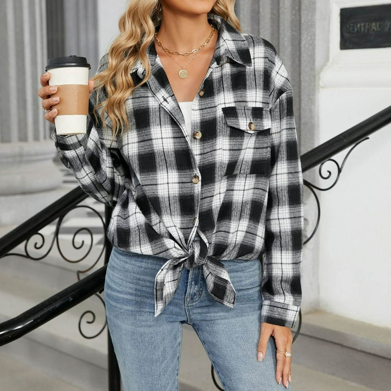 CZHJS Collared Shirt Jacket Button Down Plaid Shirt for Women Long