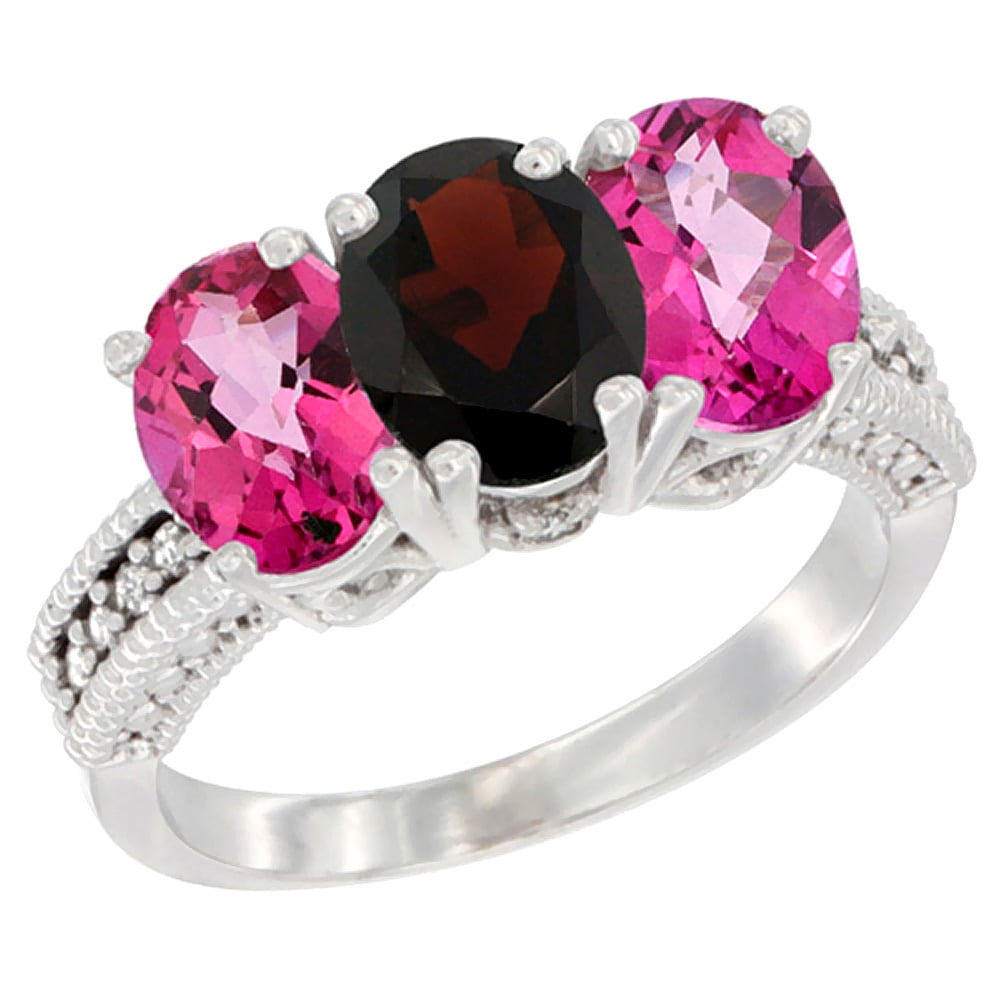 10K White Gold Natural Garnet & Pink Topaz Sides Ring 3-Stone Oval 7x5 mm Diamond Accent, sizes 5 10 by WorldJewels