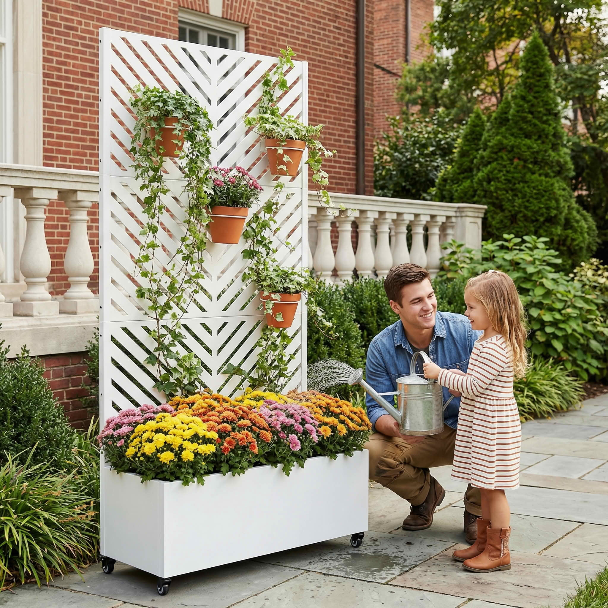 MAYEERTY 72X35" Metal Outdoor White Privacy Screen with Planter Box for Backyard & Garden, 3 Piece Set