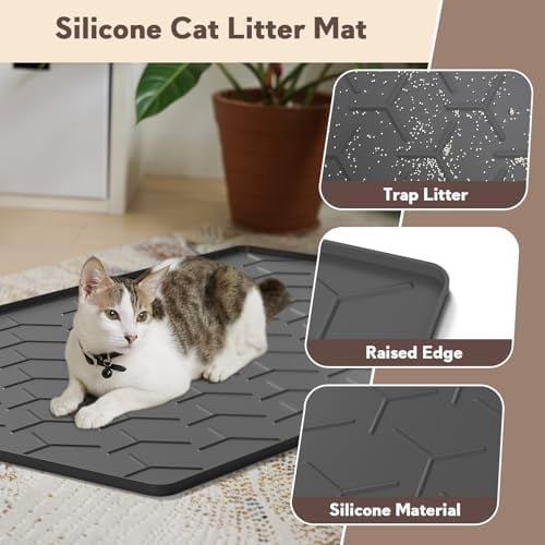 Silicone Cat Litter Trapping Mat, Large Waterproof 34" X 22" Cat Litter Box Mat, Easy to Clean, Black