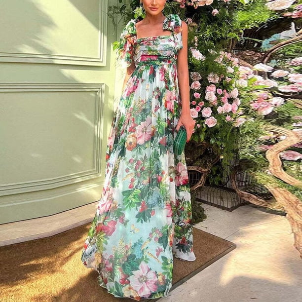 Sexy Summer Party Dress Women Fashion Bow Straps High Waist Pleated Beach Dress Chiffon Casual Floral Print Bohemian Long DressL Gao Jinjia LED