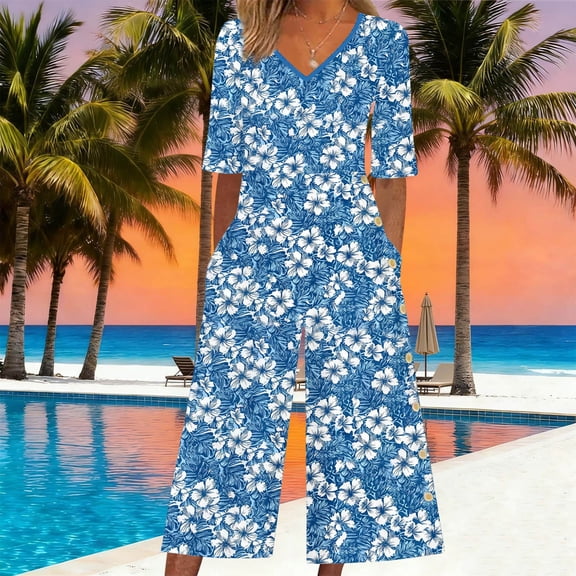 Maqroz Jumpsuits for Women Casual Wide Leg Summer Boho Floral Printed Baggy Wide Leg Overalls Short Sleeve V Neck Back Zipper Rompers with Side Pockets Fashion One Piece Outfits Blue L
