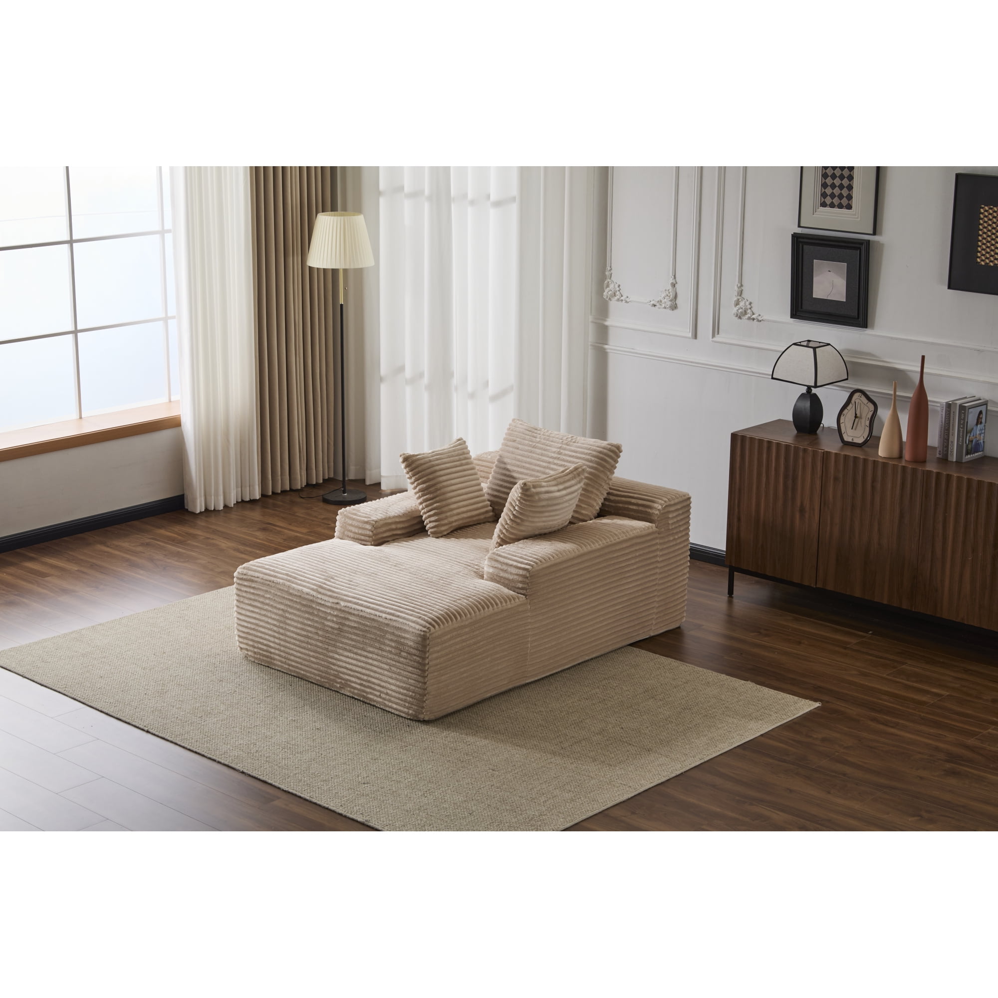 Leumius Oversized Chaise Lounge Indoor,Cozy Cloud Couch Modern Plush Corduroy Upholstered Sofa Bed with 3 Pillows and Wide Armrest for Living Room, No Assembly Required,Beige