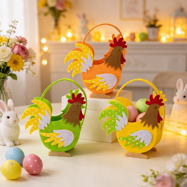 Bolsa de huevo de gallina no tejida Cesta de Pascua – Cesta portátil de poliéster hecha a mano con forma de gallo, multicolor, 7,08 x 7,08 x 3,14 pulgadas