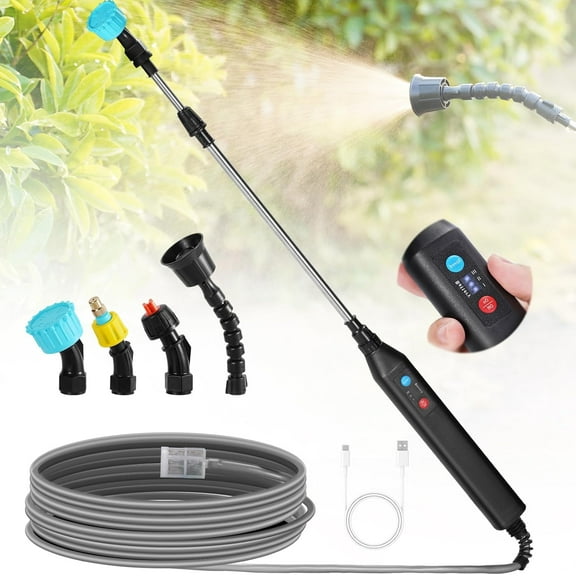 Battery Powered Sprayer Wand, 33" Garden Sprayer Telescopic Wand with 3 Adjustable Speed, Battery Indicator, 4 Mist Nozzles, 10 FT Hose, Portable Electric Watering Wand Sprayer for Lawn Garden Yard