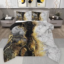 jejeloiu Retro Marble Texture Queen Comforter Set,Modern Fulid Ink Bedding Sets,Black Gold White Bedding Comforter Set For Men Women,Super Cozy Room Decor Reversible,3-Piece