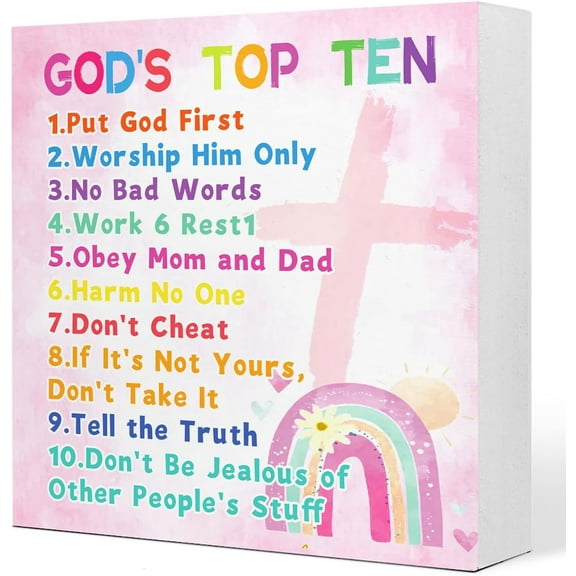 Zomyto 5x5 In God's Top Ten Bible Verse Wood Box Block Plaque Sign Decoration Gifts for Kids Teens Girls Nursery Kids Room