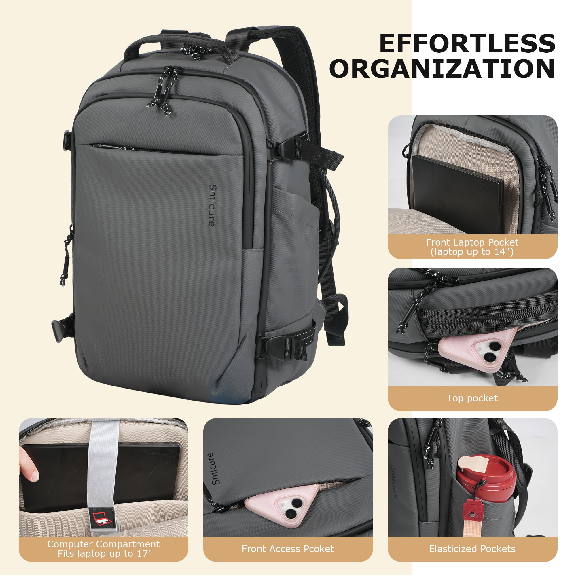 Smicure Travel carry on Backpack Laptop Business 18 Inch Business Anti Theft Slim Water Resistant Sturdy College Computer Bag.Gray