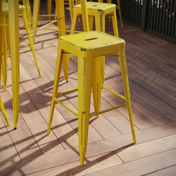 WYDK Commercial 30" H Backless Distressed Metal Indoor-Outdoor Barstool,Industrial backless bar height stool for your patio, restaurant, hotel,Yellow