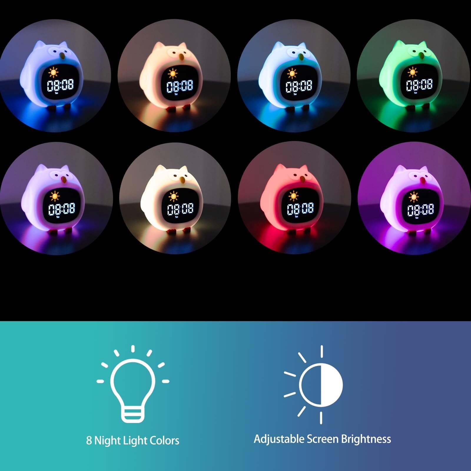 Alarm Clock with Sound Machine for Kids, 6 White Noises and 9 Colors Night Light, Ok to Wake Clock, Include 1800mAh Battery for Portability and Memory Function, for Kids