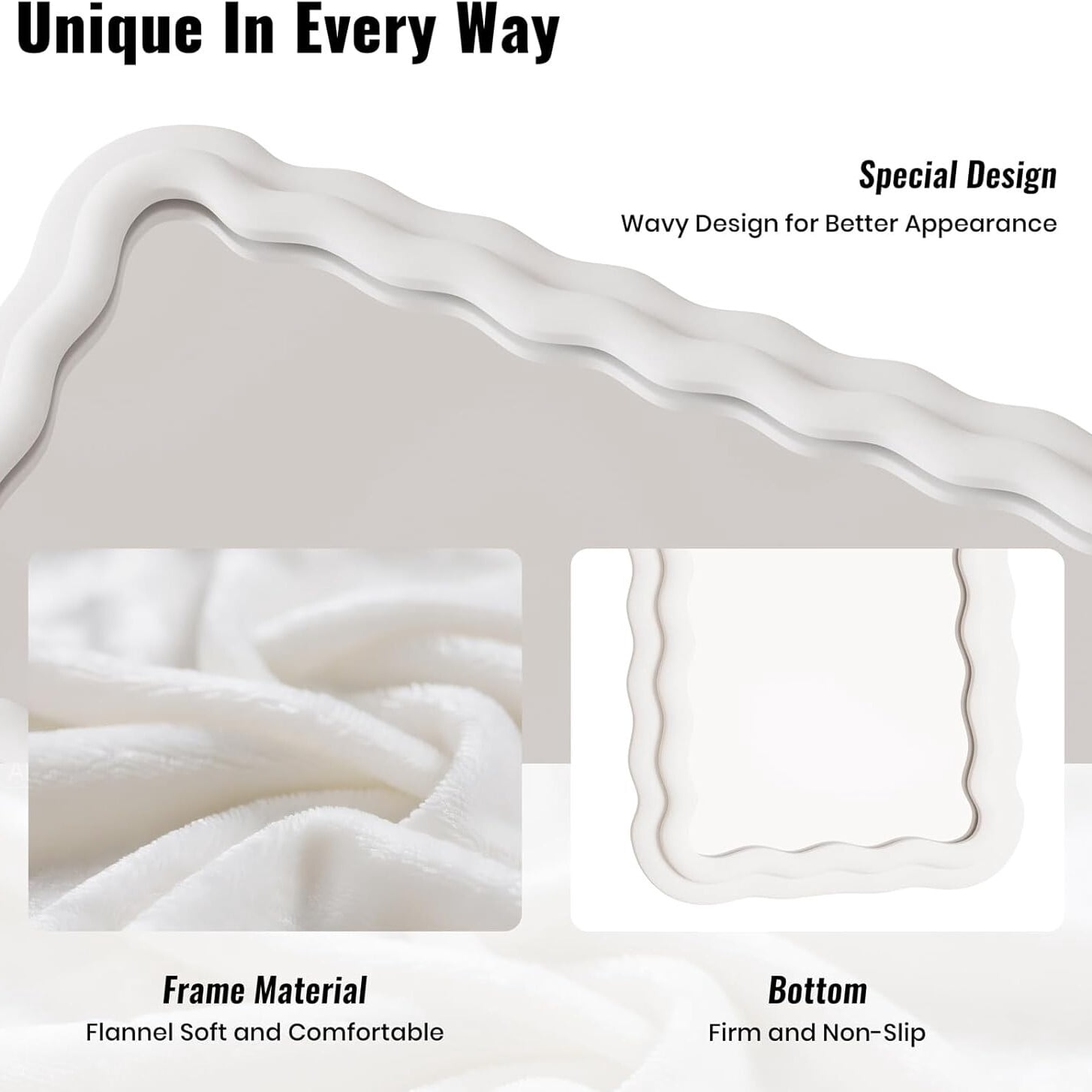 Gleamira 71"x32" Full Length Mirror Wavy Frame Arched Floor Mirror Flannel Wrapped Wooden Frame Hanging Leaning Mirror, White