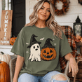 thumbnail image 5 of Ghost And Pumpkin Witch Hat Halloween T-Shirt, Spooky Season Graphic Tee, Retro Fall Comfort Colors Shirt, Vintage Pumpkin Ghost Apparel Gift - Moss, XL, 5 of 5
