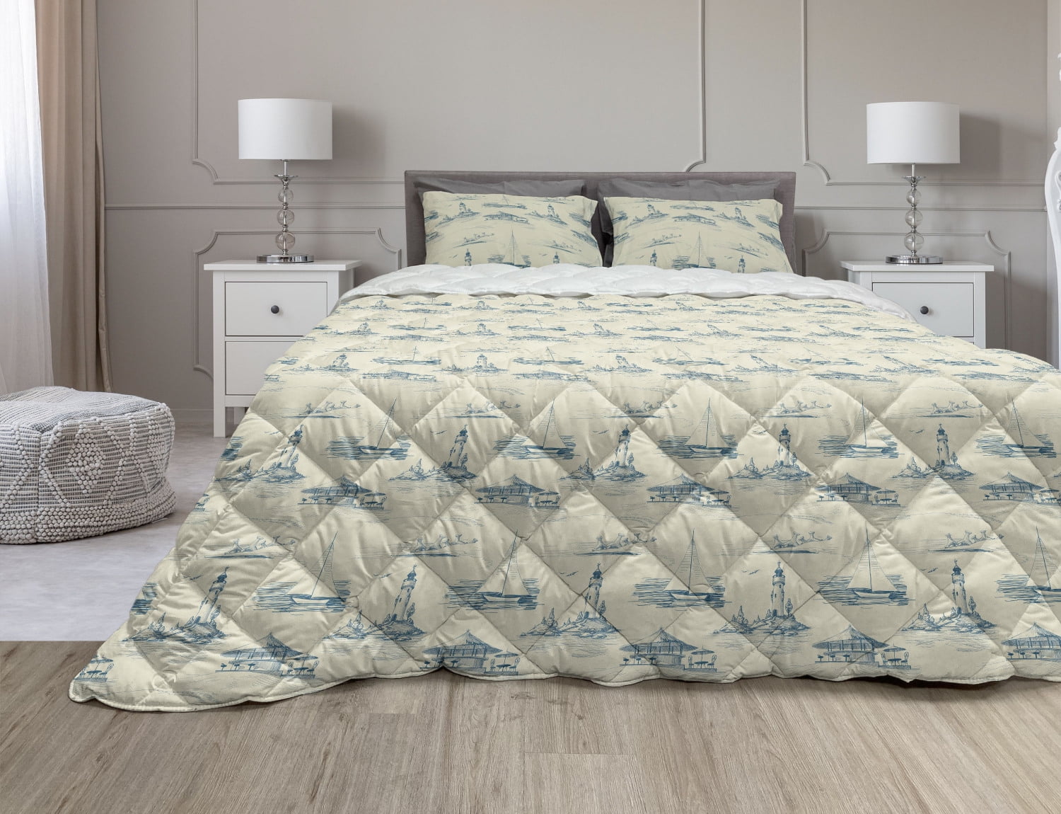 Lighthouse Comforter & Sham Bedding Set, Hand Drawn Beach Pattern