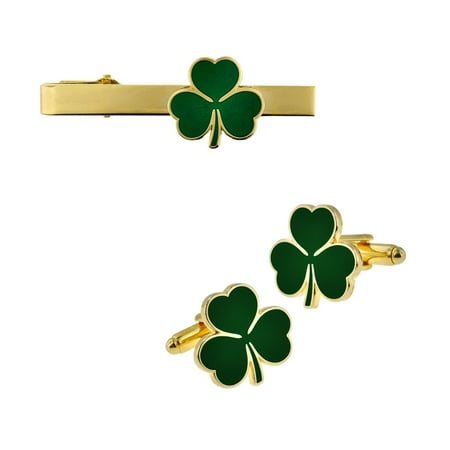 - PinMart's Gold Plated Green Shamrock Clover Tie Clip and Cufflink 2 Piece Bundle