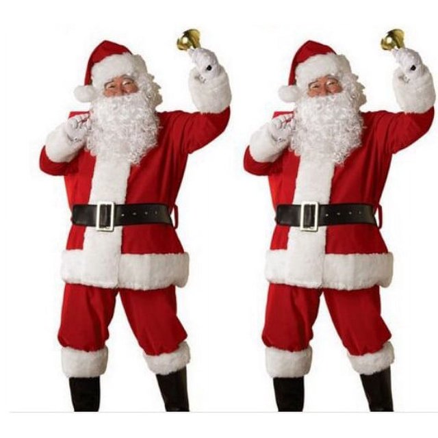 traje de papá noel de siete piezas, disfraz navideño unisex en vista frontal con chaqueta roja y ribete blanco, cinturón negro con hebilla metálica, pantalones rojos con puños blancos, gorro con borla, barba blanca rizada y guantes blancos, talla M; ideal para actuaciones teatrales y celebraciones festivas.
