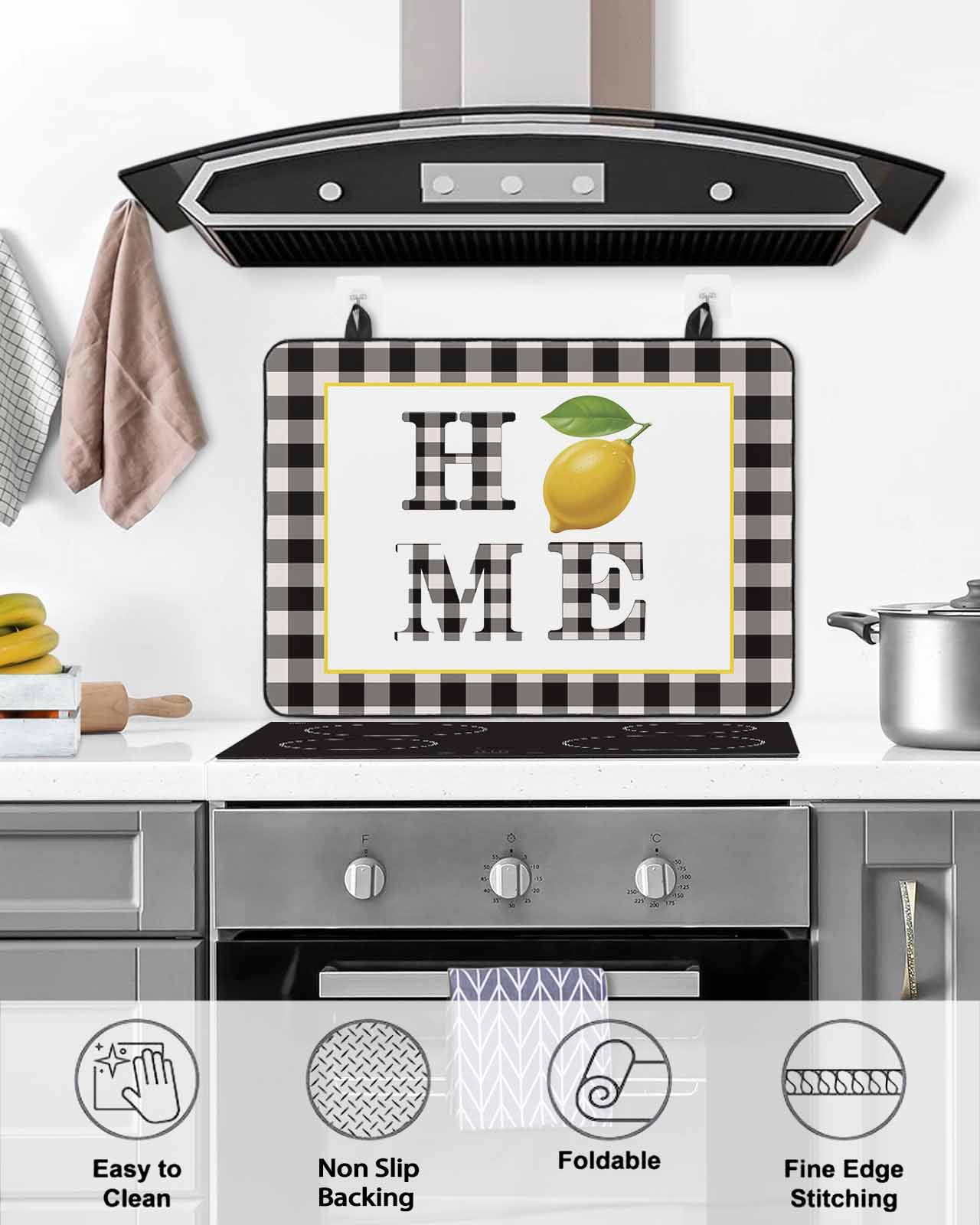 Large Induction Cooktop Protector Mat Lemon Stove Top Covers for Electric Stove, Summer Botanical Black White Plaid Pastoral Decorative Stove Burner Cover Mats, Glass Top Stove Cover