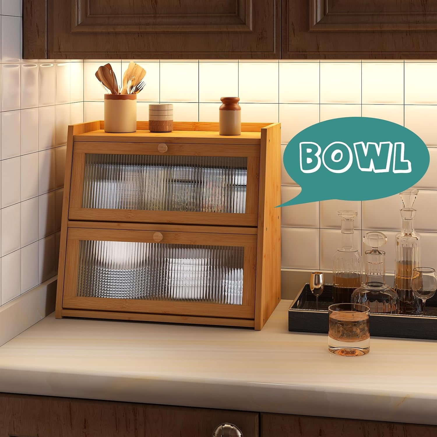 Bread Box for Kitchen Counter, Double Layer Large Bamboo Wood Bread Box, Bamboo Bread Storage Container with Wavy Acrylic Transparent Door