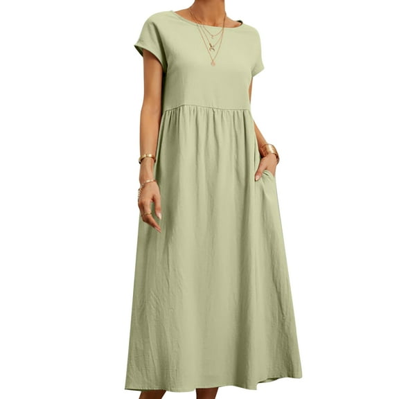 Womens Long Kaftan Dress Casual Loose Sundress Cotton Linen Dress with Pockets Short Sleeve Neck Baggy Dress