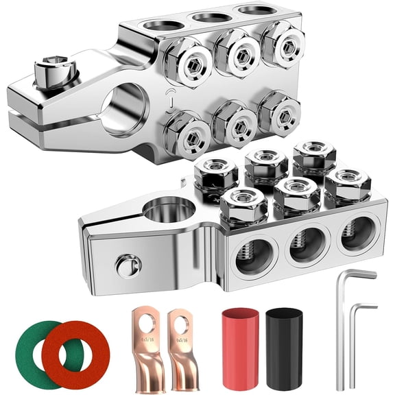 Battery Terminal Connectors, 12-Way Battery Terminal Clamps,  Battery Terminals Top Post 8AWG up to 4/0(XL) AWG Gauge, Positive and Negative ( /-)(1 Pair) for SAE/DIN/EN Tapered Top Post