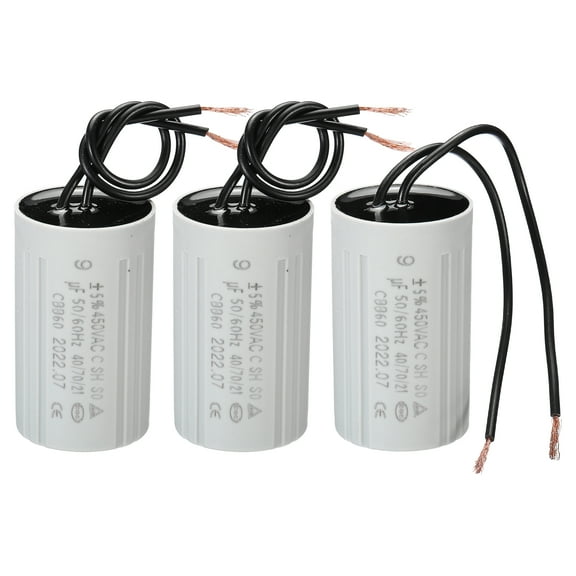 CBB60 9uF Running Capacitor, 3pcs AC 450V 2 Wires 50/60Hz Cylinder 60x35mm for Motor Start