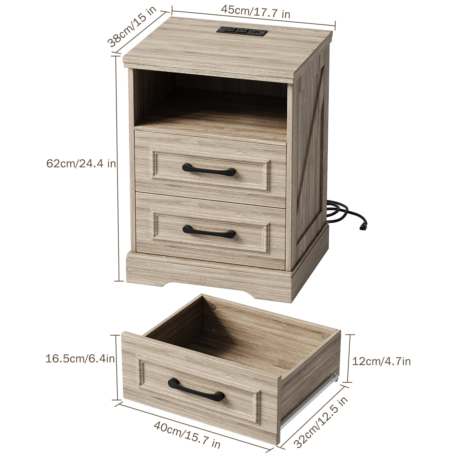 Nightstand with Charging Station, Farmhouse Nightstands with 2 Drawers Storage Side Table Bedside Cabinet for Bedroom Living Room