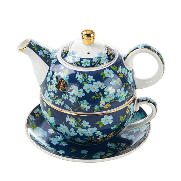 CZQ Tea for One Porcelain Teapot and Cup Set, Tea Set for One, Floral Teapot, Tea Set Gift for Women, Butterfly Blue