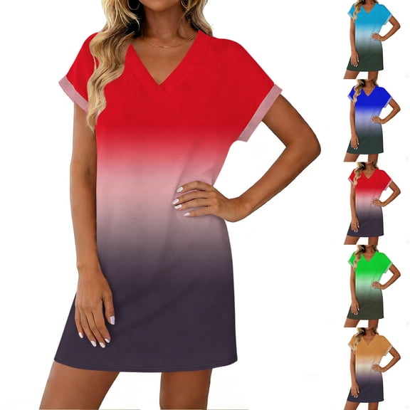 VBVC Women's V-Neck Short Sleeve T-Shirt Dress,Ladies Gradient Tunic Dress,Summer Elegant Work Breathbale Mini Dress For Women,Red,S-2XL