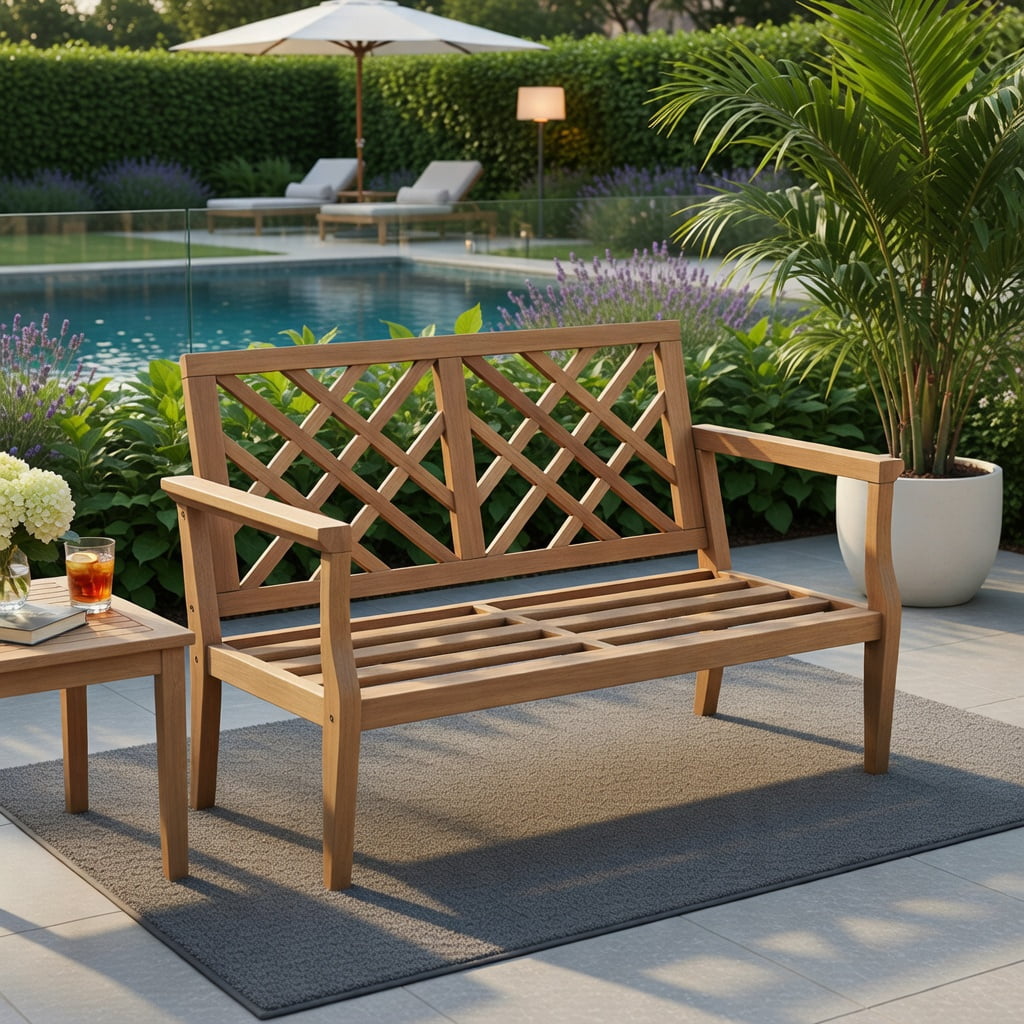 Hommoo 2-Person Outdoor Teak Wood Garden Bench with Ergonomic Backrest & Armrests, Weather-Resistant Patio Seating for Yard, Porch, Poolside, Natural