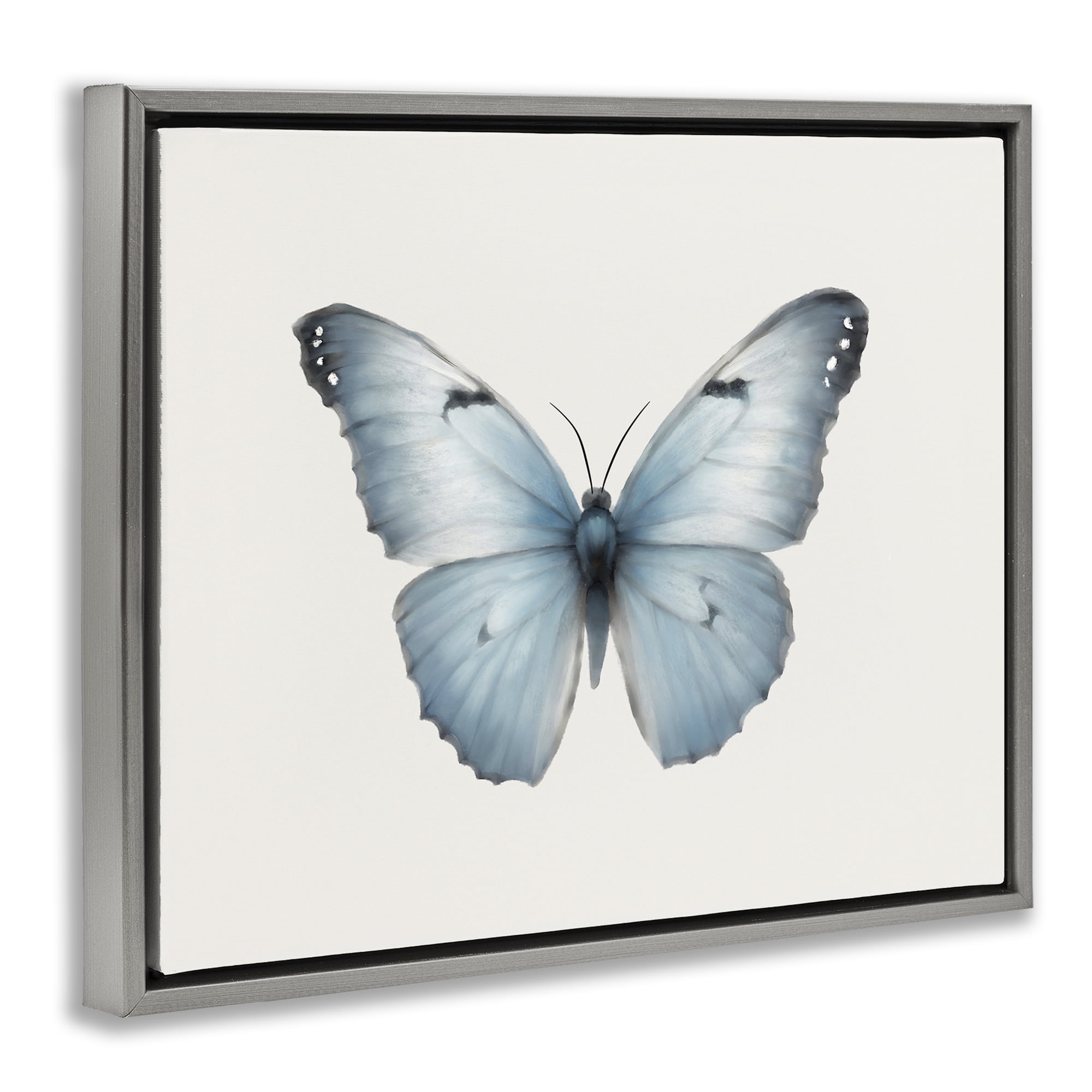 Stupell Industries Blue Symmetrical Butterfly Animals Painting Gray Floater Framed Canvas Art Print Wall Art, 31 x 25