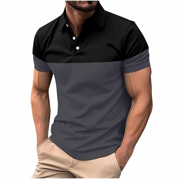 Camisetas Elvqul para Hombre Casuales Elástica Gris Gym Manga Corta de Bloques de Color con Solapa Botones