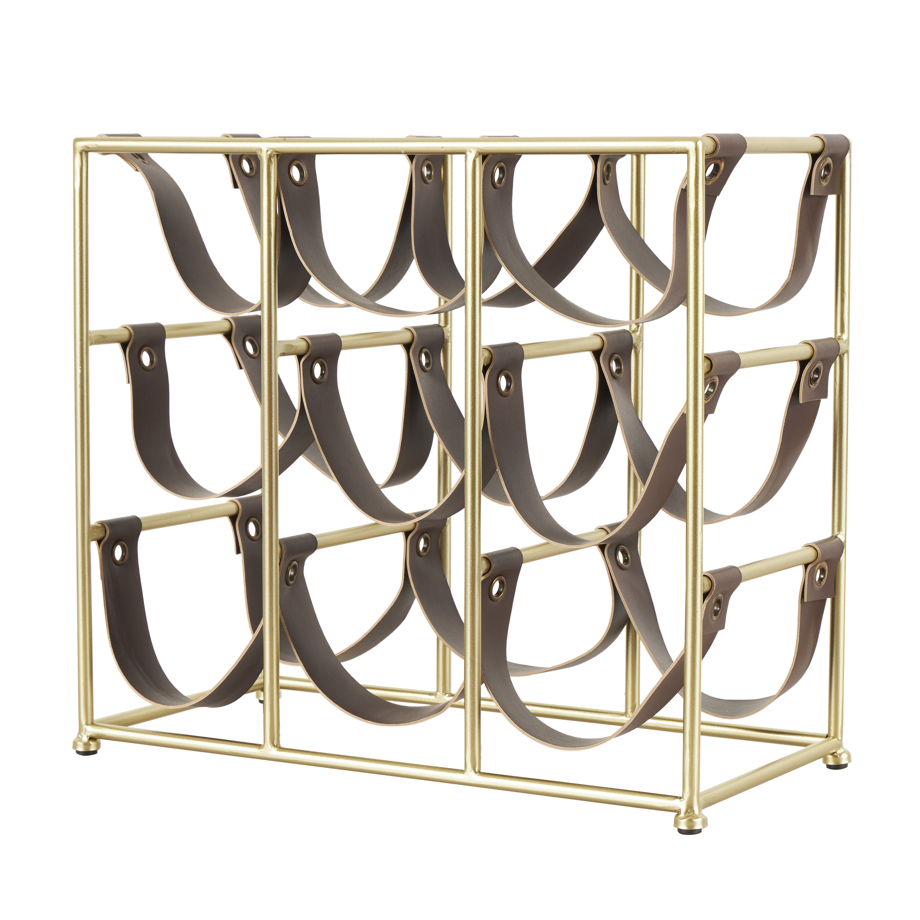 DecMode 14" x 13" Gold Metal Wine Rack with Faux Leather Holding Straps, 1-Piece