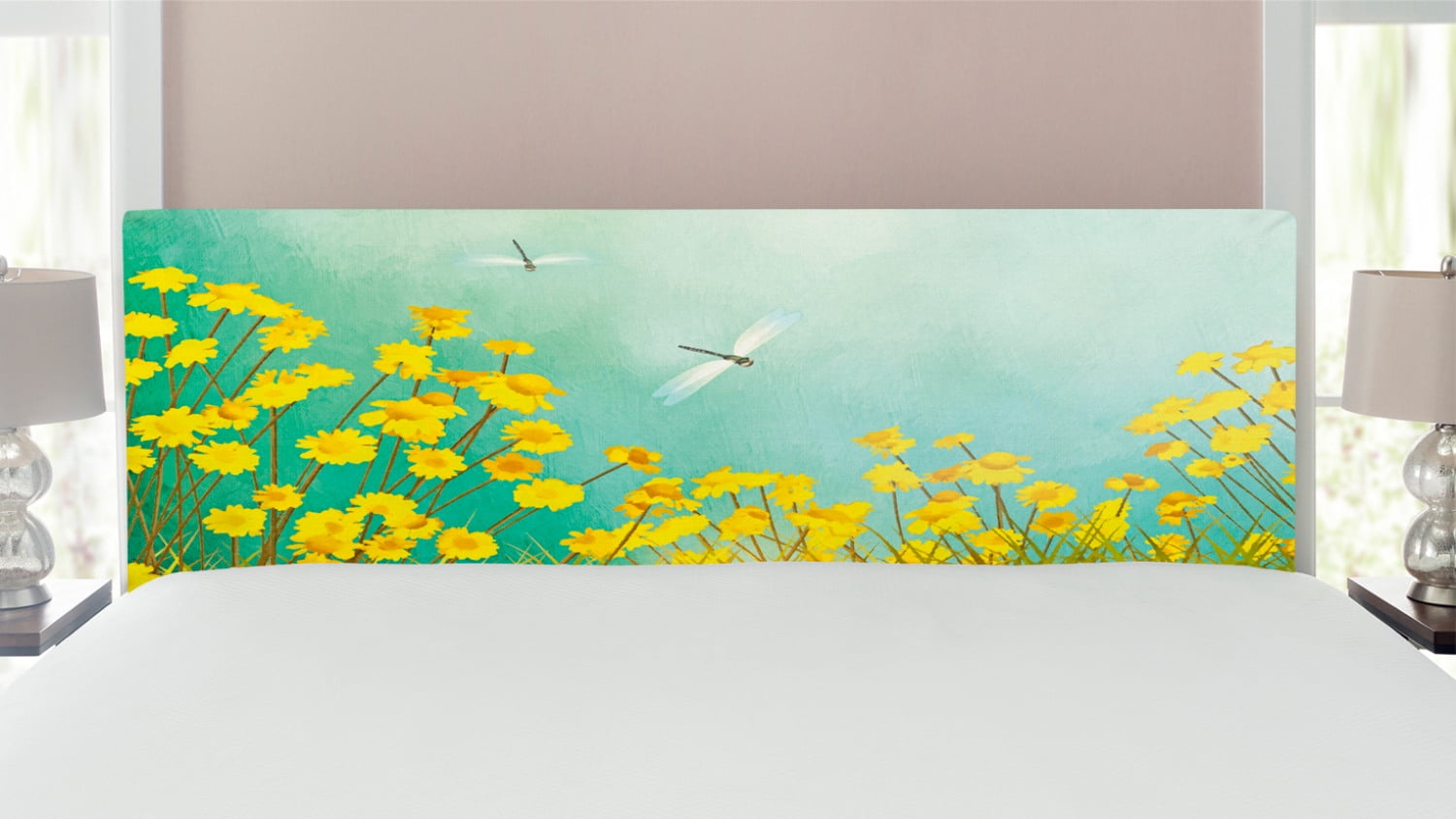 Dragonfly Headboard, Flourishing Landscape with Daisies on Grass and