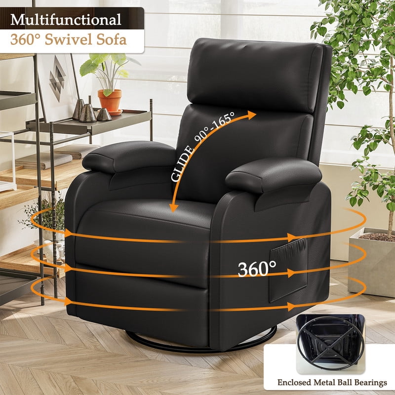 Homall 360° Massage Swivel Rocker Recliner Small Rocking PU Leather Chairs with Side Pockets for Small Spaces,Black