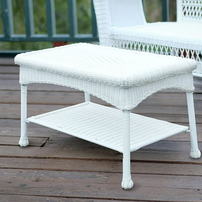 Jeco White Wicker Patio Love Seat and Coffee Table Set Without Cushion