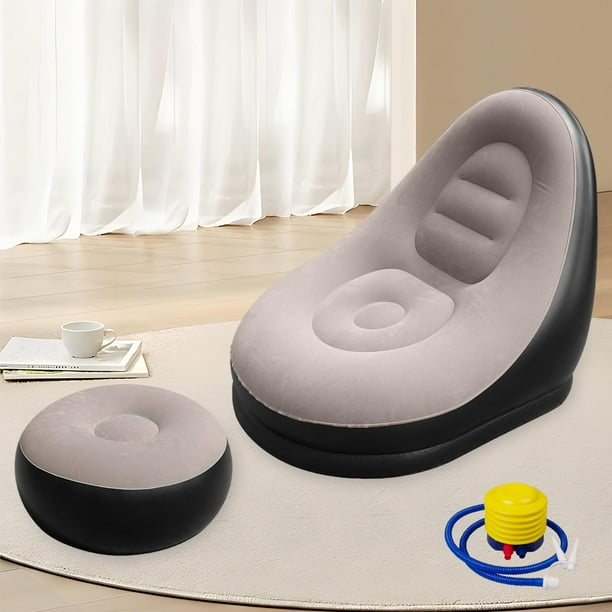 Sillón inflable, sofá perezoso con reposapiés, sillón reclinable cómodo de PVC con flocado para patio, dormitorio interior y hogar Café
