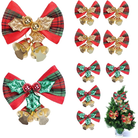 20PCS Mini Christmas Bows with Bell, Red and Green Glod Xmas Plaid Tiny Bows for Christmas Tree, Wreath, Crafts, Gift Decor