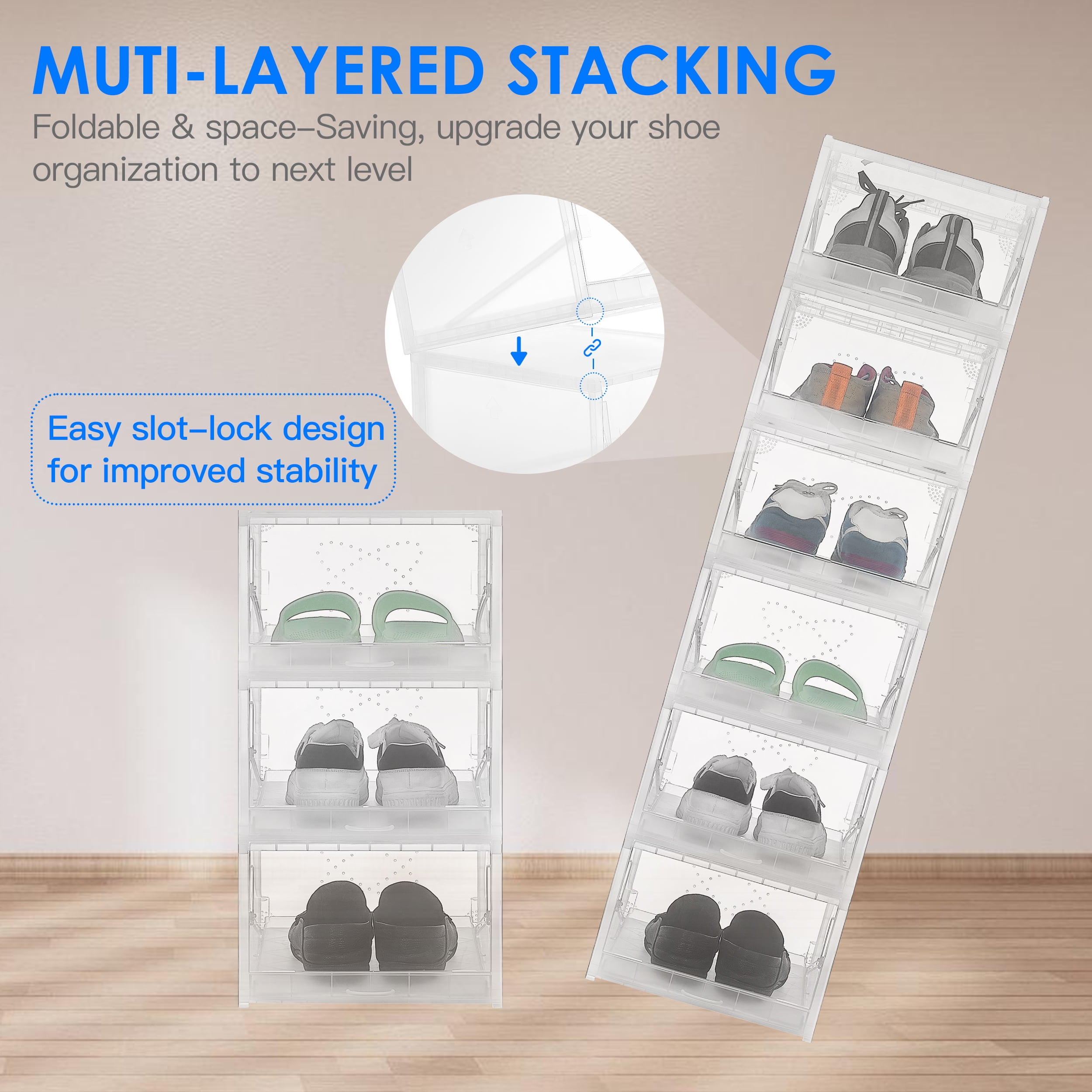 Prilinex 6Pcs Storage Bins with Lids, Shoe Boxes Clear Stackable Containers Organize Shoes Closet Shelves, Classroom Organization Teacher Tools, Clothes & Toy Storage