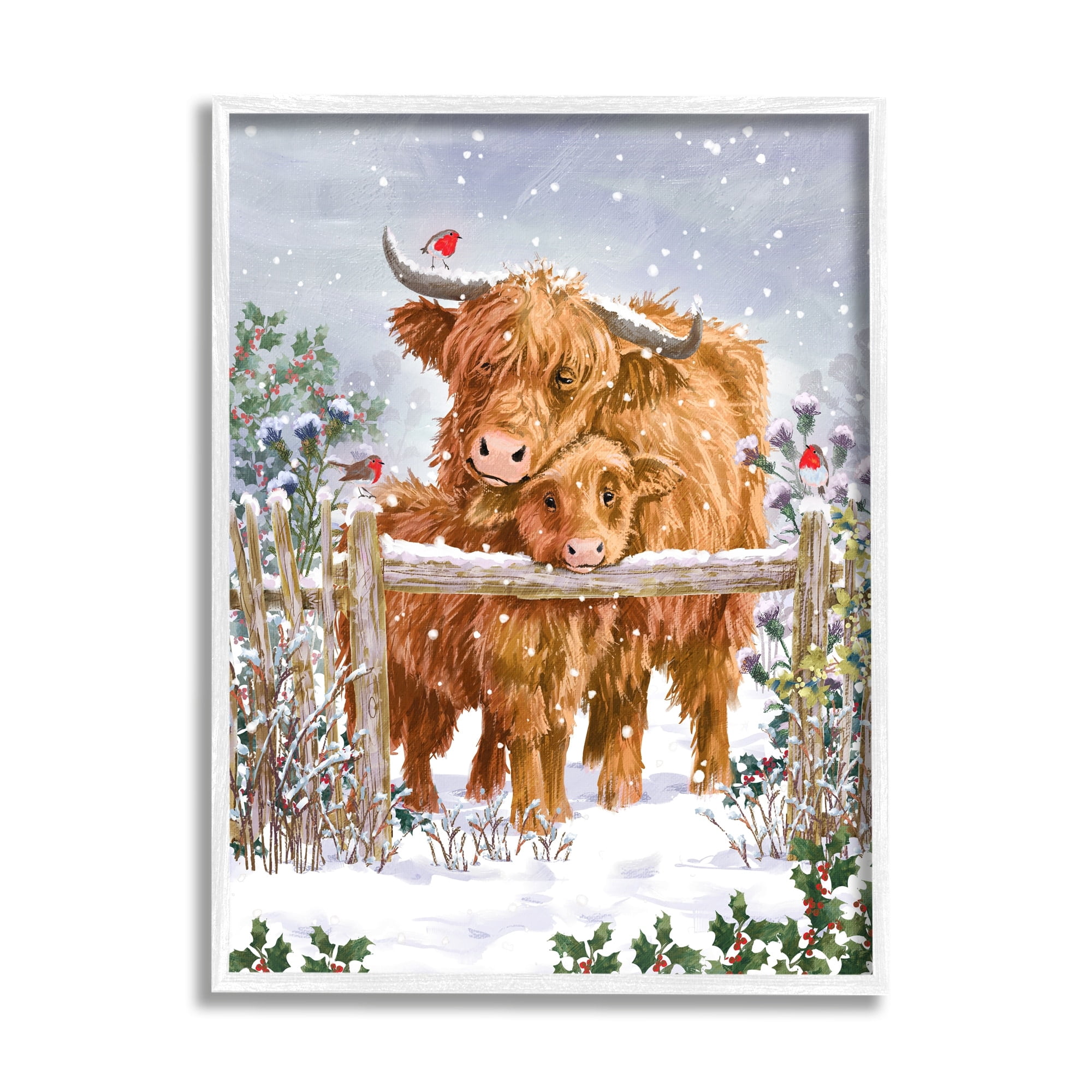 Stupell Industries Winter Cattle Cuddling Snow Scene Holiday Painting White Framed Art Print Wall Art