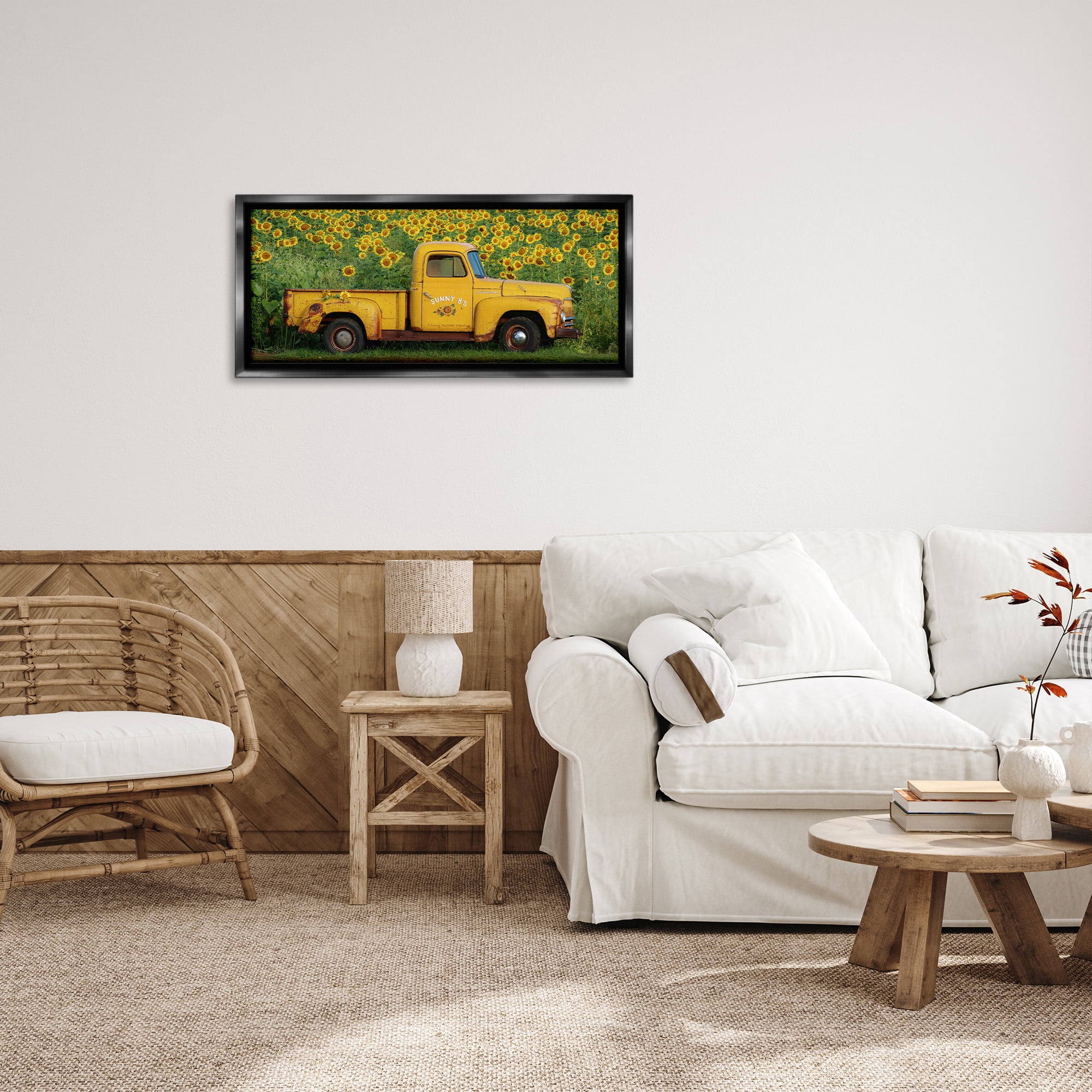 Stupell Industries Yellow Pickup in Sunflower Field Transportation Photography Black Floater Framed Canvas Art Print Wall Art, 31 x 14