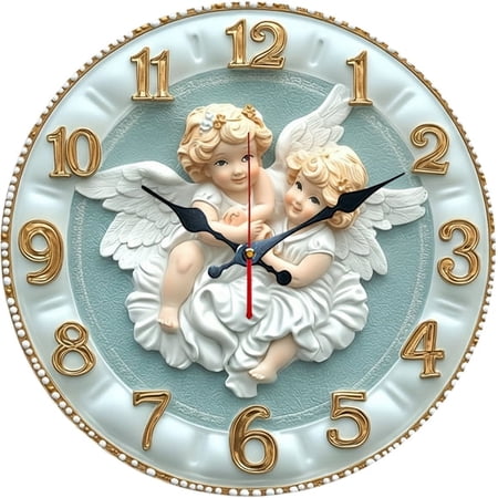 SBEMP10 Inch Silent Wall Clock, 3D Embossed Angel Decorative Wall Clock, Battery Operated Non-Ticking Round Clock for Living Room Bedroom Nursery Home Decor