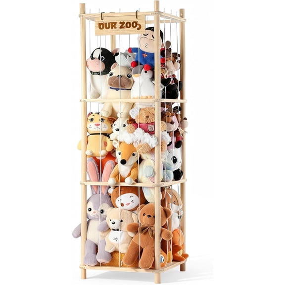 LazySpin Stuffed Animal Storage Zoo, Wooden Large Stuff Animals Plushies Holder Toy Organizer Kids