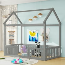 MODERNLUXE Wood Twin Size Platform Bed, House Floor Bed with Fence and Door, Gray