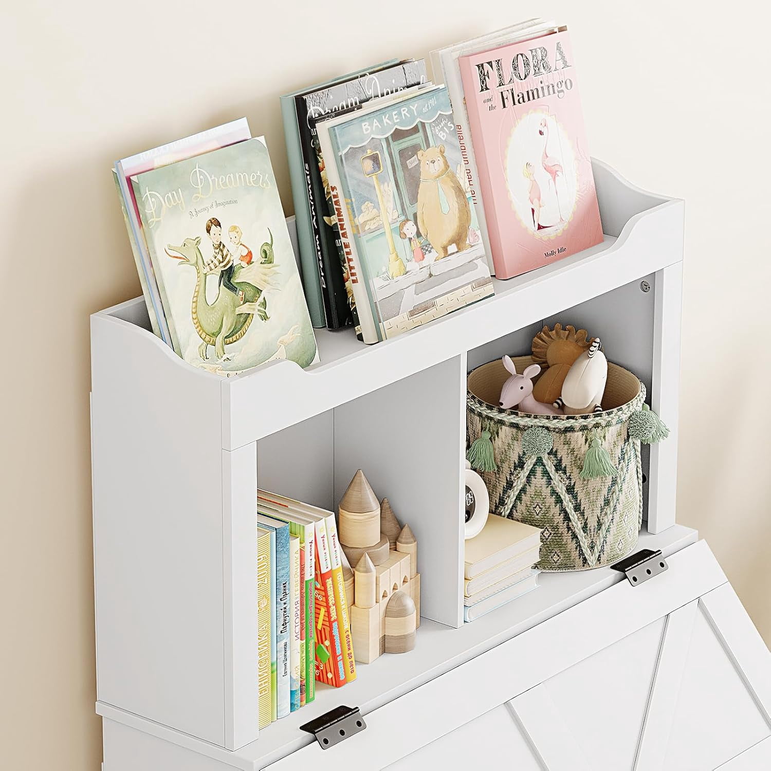 Kids Toy Storage Organizer with Flip-Top Lid & 2-Tier Bookshelf, Wooden Toy Chest and Bookcase for Playroom, Bedroom, Nursery, White