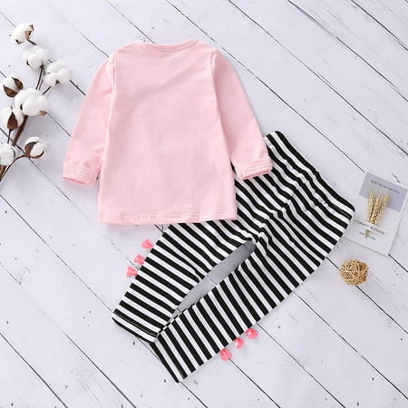 

EHTMSAK Toddler Baby Children Girl Outfits Long Sleeve Clothing Set Bow T Shirts and Striped Pants Set Pink 2Y-6Y 110
