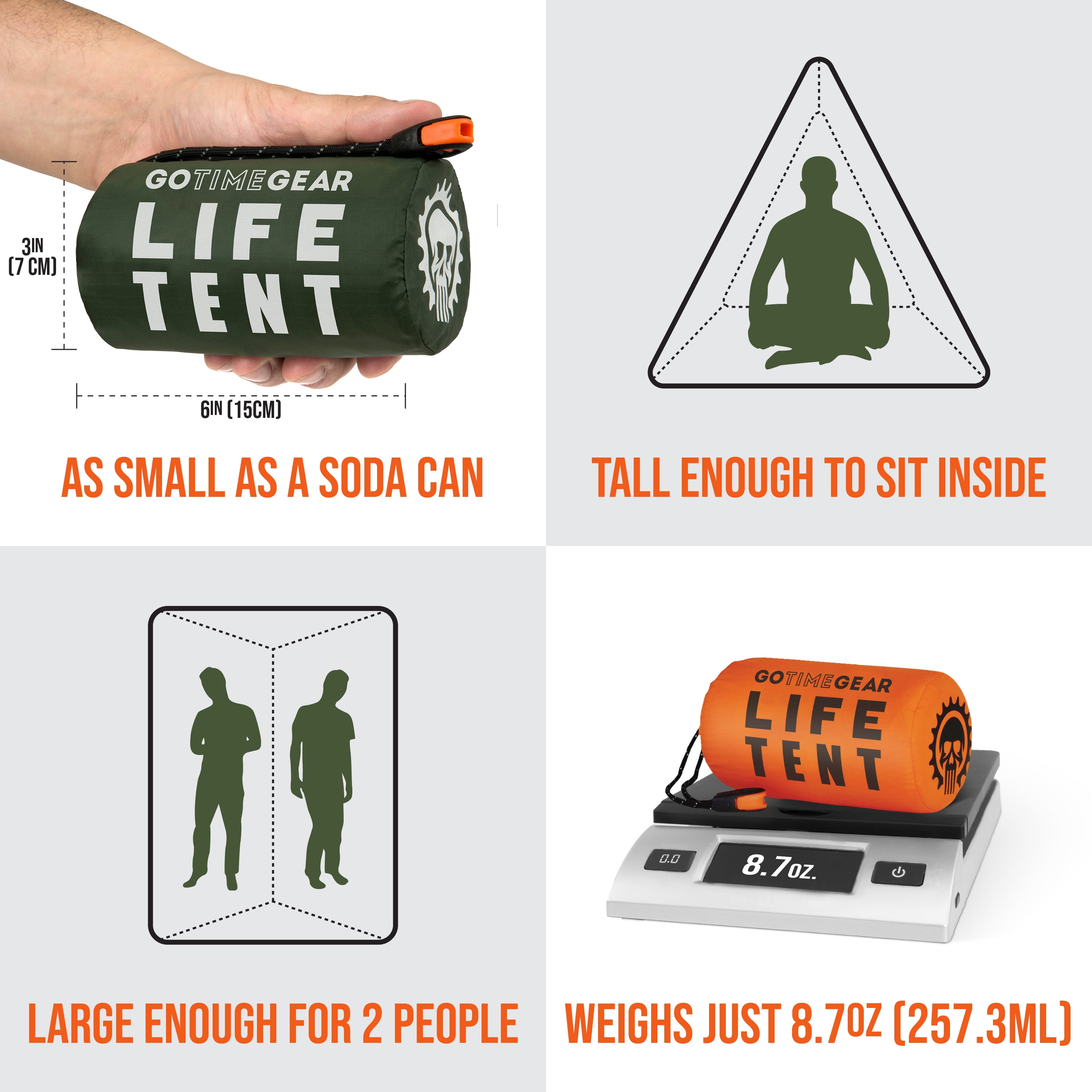 Go Time Gear | Life Tent Emergency Survival Shelter - 2 Person Tube Tent | Waterproof, Windproof, Thermal | Includes Survival Whistle, Paracord Rope & Portable, Lightweight Nylon Stuff Sack | Green