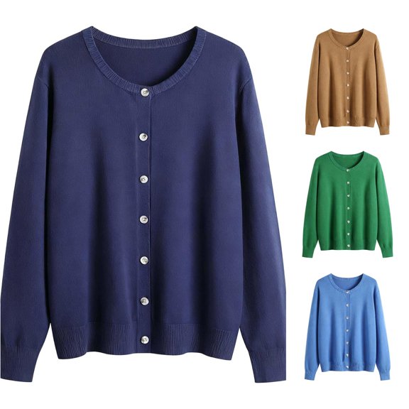 HCYSFG Womens Solid Color Cardigan Sweater Round Neck Button Front Long Sleeve Relaxed Fit Ribbed Knit Casual Everyday Tops