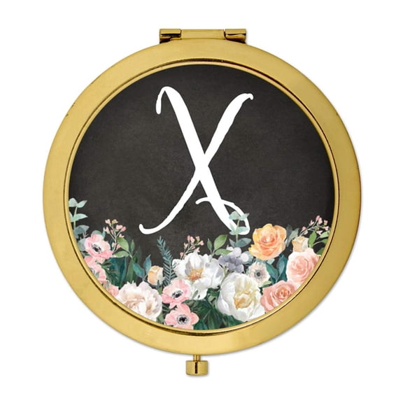 Koyal Wholesale Gold Compact Mirror Bridesmaid's Wedding Gift, Peach Flower Florals on Chalkboard, Monogram Letter X