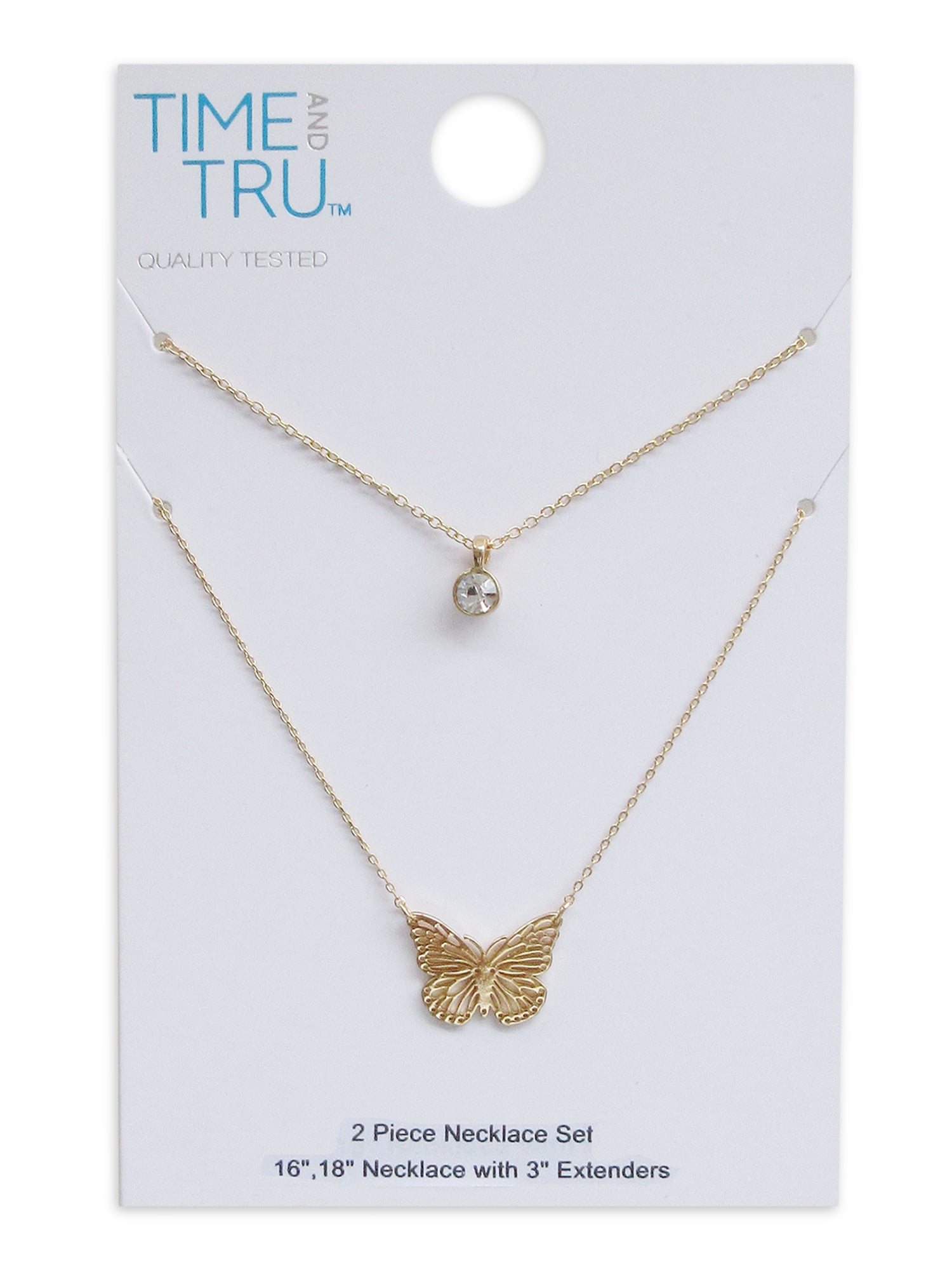 Time and Tru Women's Gold Tone Butterfly and Pendant Necklace Set, 2 Pieces