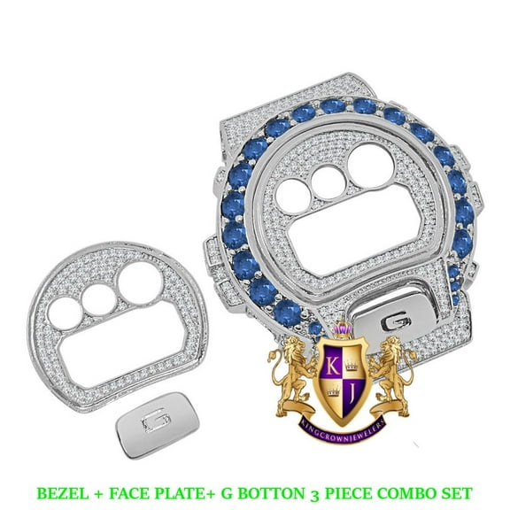 Solitaire Sapphire Blue White Gold Tone G Shock DW-6900 Simulated Diamond Watch Custom Cover Case Face Plate   Bezel   G Button 3 Piece Set