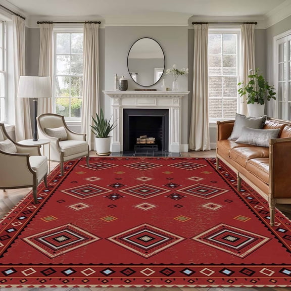 Large Area Rugs for Living Room Bedroom, Red Boho 8'x10' Rug Washable Carpet Runner Indoor Outdoor, Country Tribe Ethnic Geometric Stripes Art Non Slip Floor Mats Rug for Kitchen, Patio